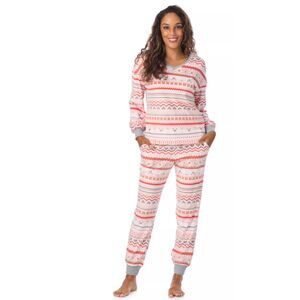 Cuddl Duds Pajama Set XL Women's Pink Swan Fair Isle Vneck Joggers Fleece 2 Set